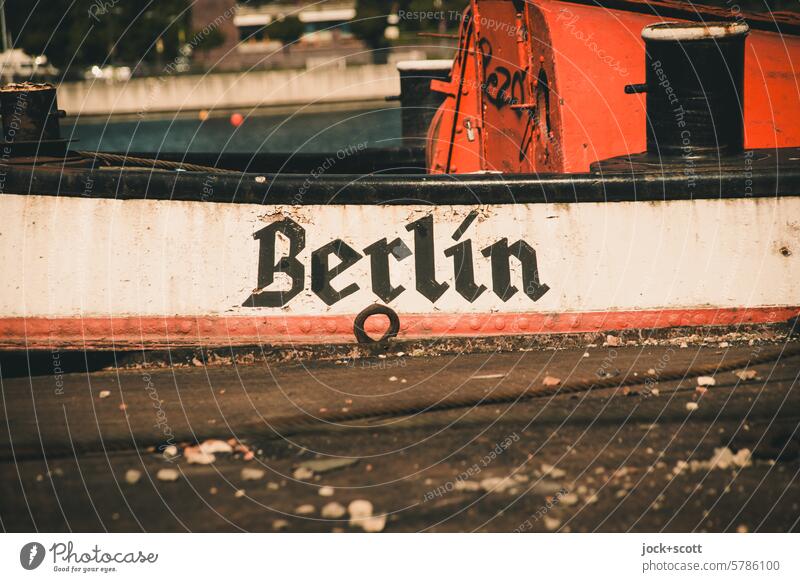 invest in Berlin Inland navigation Watercraft Jetty Characters Name Typography Edge Historic Nostalgia Past Style Ravages of time Detail old german script