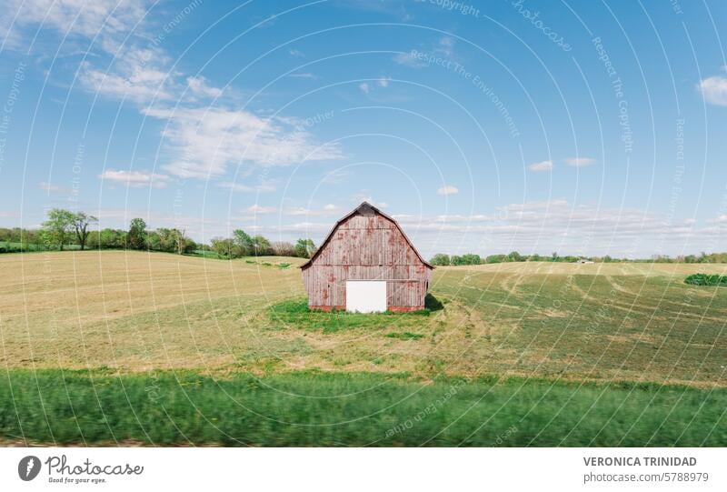 This image showcases a charming red barn set against a backdrop of lush green grass and vivid blue skies. The rustic barn stands out against the serene landscape, offering a quintessential depiction of countryside tranquility.