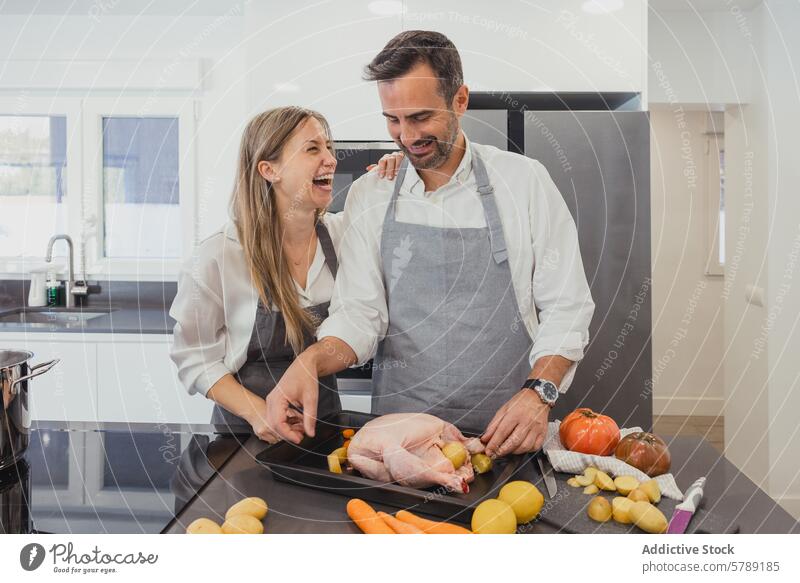 Joyful couple preparing chicken dinner in the kitchen cooking roast chicken vegetables family preparation home happiness laughter healthy meal togetherness