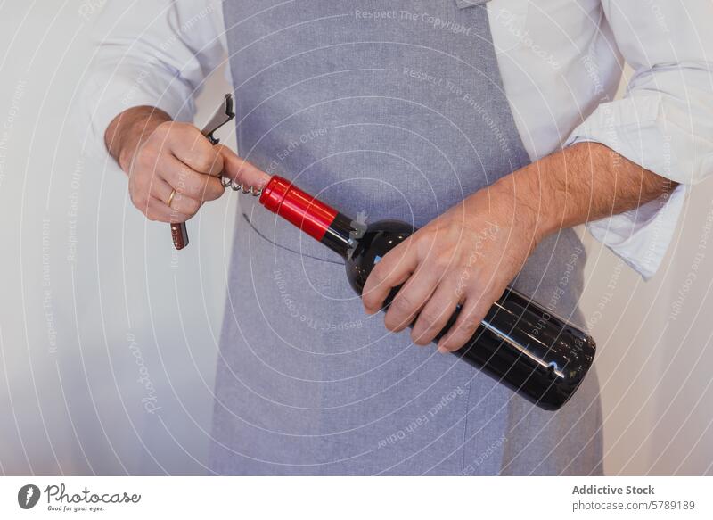 Preparing to uncork a bottle of wine person corkscrew apron gray red wine tasting grape beverage alcohol drink winery wine bottle opening holding bartender
