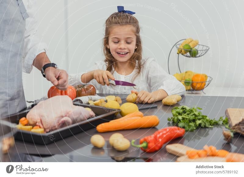 Family sharing a moment cooking together in the kitchen family roast chicken vegetables preparation bonding child healthy food meal home cooking domestic life