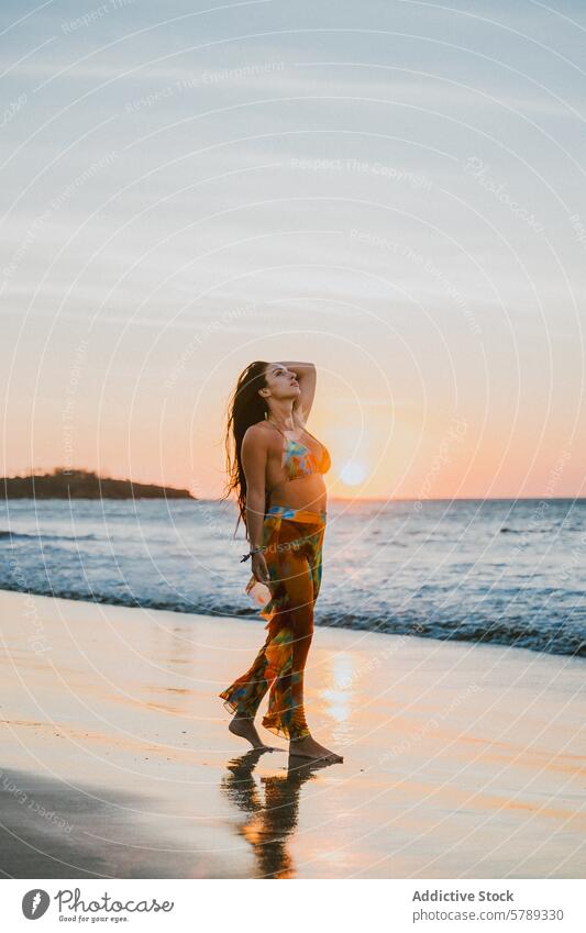 Serene Beach Sunset Stroll in Costa Rica costa rica beach sunset woman stroll serene walk coastline sand wave warm glow tranquil nature outdoor travel tropical
