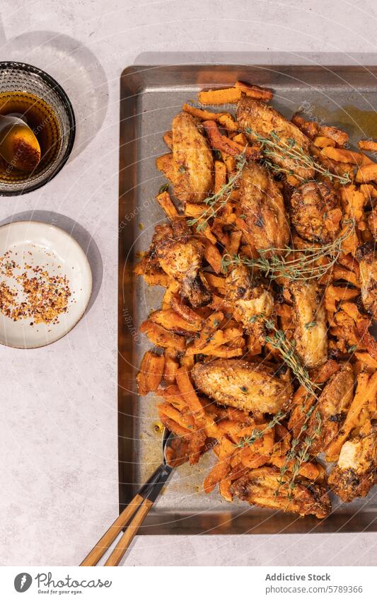 Roasted chicken wings and sweet potatoes on a tray roasted crispy seasoned thyme baking sheet food cuisine meal dinner lunch cooked herb savory spice kitchen