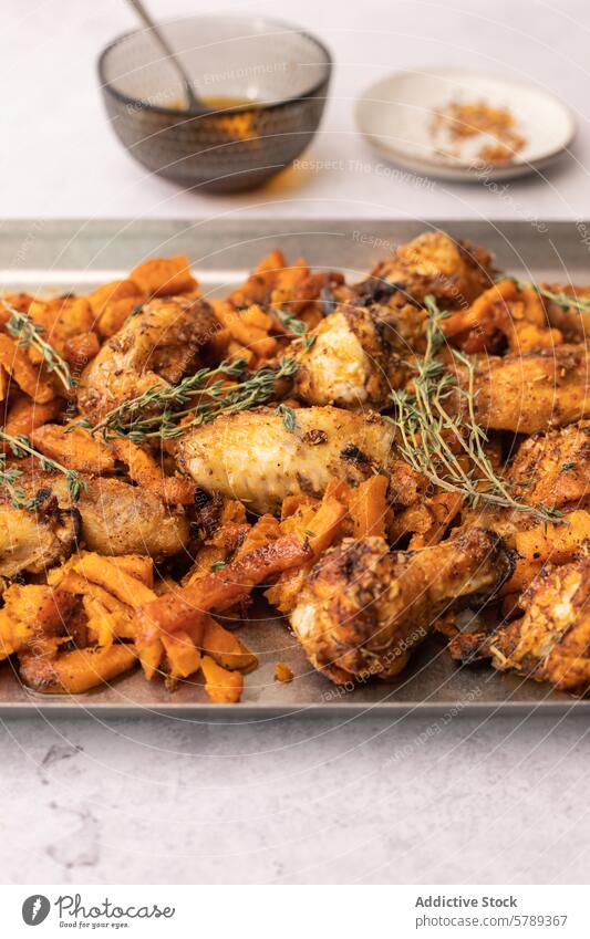 Baked Chicken Wings and Sweet Potato Fries on Tray chicken wing sweet potato fry baked crispy seasoned fresh thyme food dish meal cuisine tray dinner snack herb
