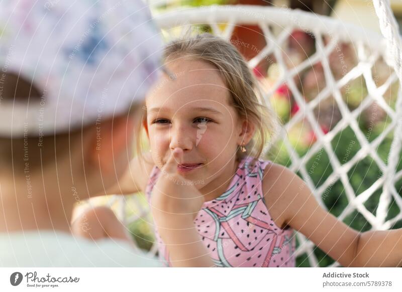Siblings making funny faces on a sunny countryside day sibling child playful outdoor enjoyment swing girl cap finger nose smile laughter summer game family