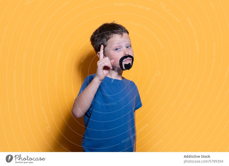 Young boy playing dress up with fake mustache child studio playful dress-up posing yellow background blue shirt gesture number one finger acting imagination kid