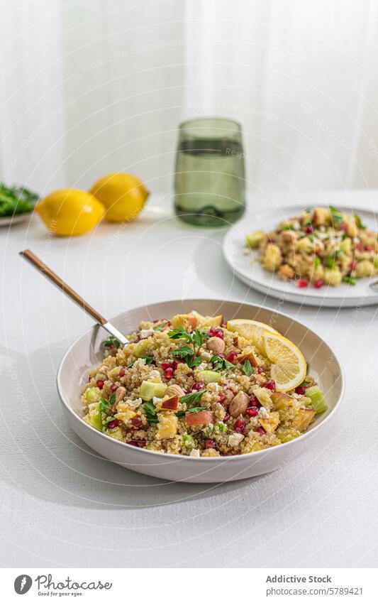 Freshly Prepared Quinoa Salad with Curry on a Table quinoa salad curry bowl table fresh vegetables nuts lemon slices backlighting healthy vibrant colorful dish
