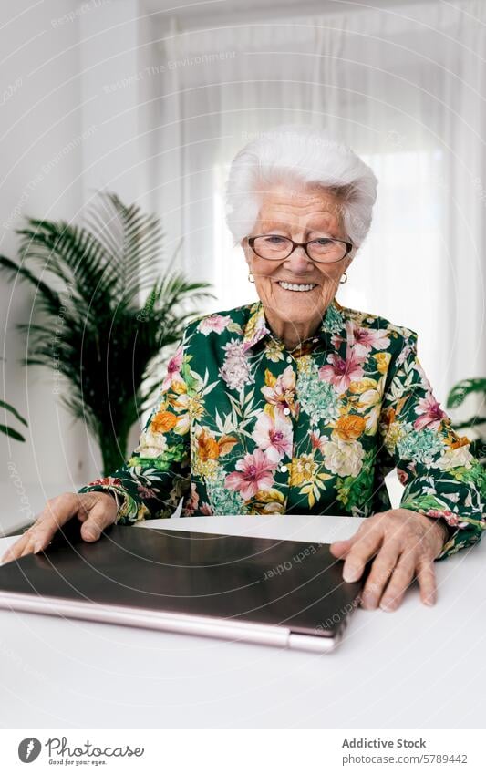 Elderly woman smiling while working with laptop at home elderly senior smile cheerful active aged computer technology indoor internet digital user grandmother