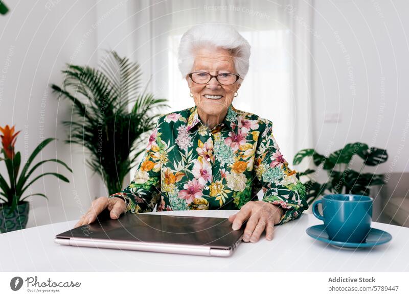 Elderly Woman with Laptop at Home woman elderly senior laptop work home interior table coffee cup cheerful technology computer online glasses smile active aged