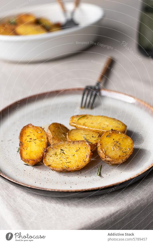Crispy roasted potatoes on a ceramic plate herb golden brown seasoned close-up food side dish gourmet crispy cooked delicious dinner lunch meal rosemary thyme