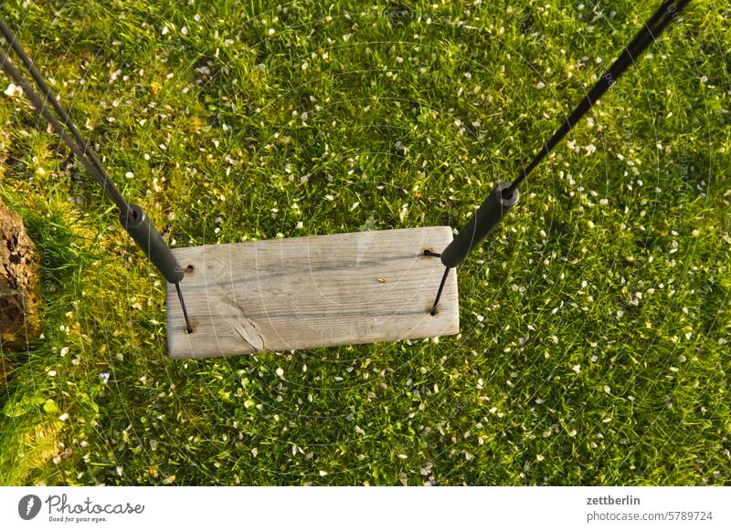 Children's swing balance Meadow Depth of field Copy Space trunk Playground Playing Garden plot Swing Deserted hanging swing Summer Sun tranquillity Nature