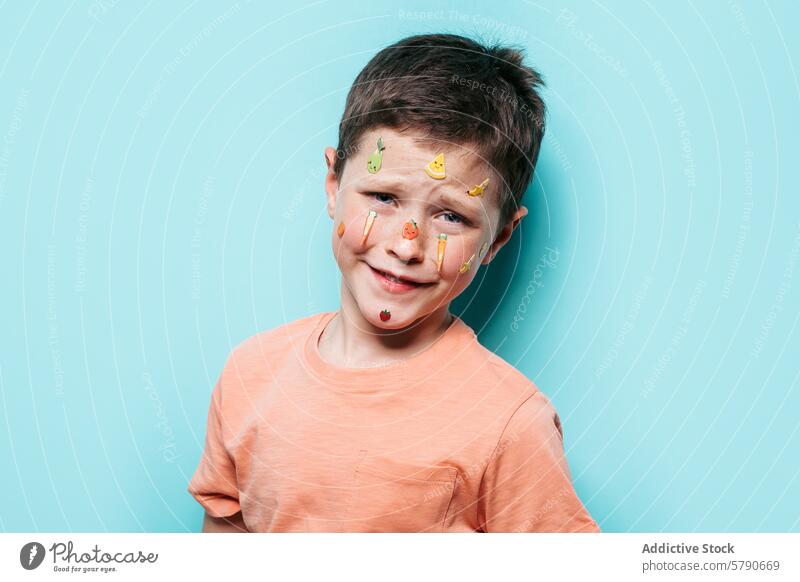Cheerful boy with fruit stickers on face and teal background smile joyful blue background adornment colorful happy child youth playful freshness decorative