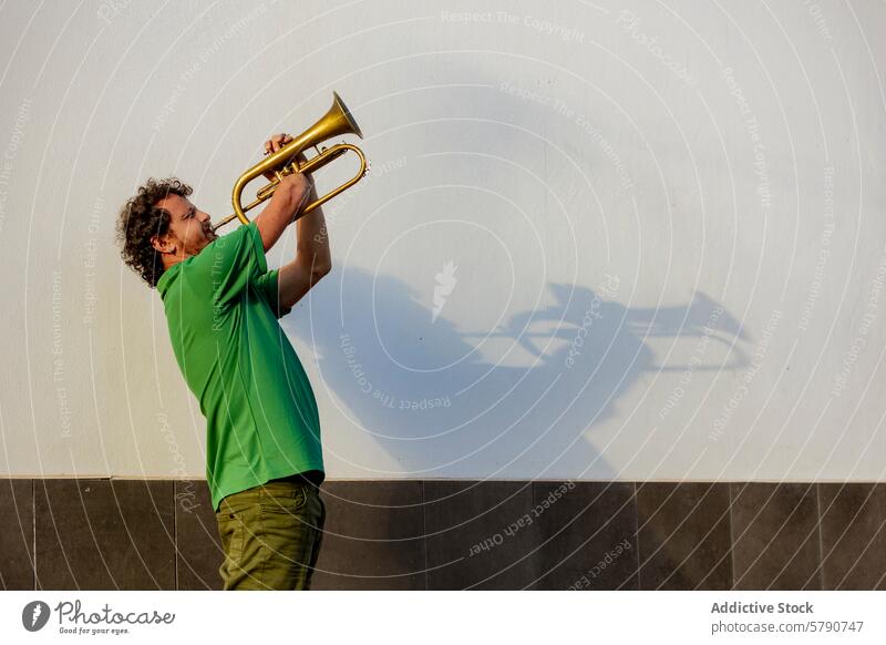 Inspiring one-armed trumpeter performs on the street man performance music instrument brass talent determination sunny eyes closed outdoor musician playing