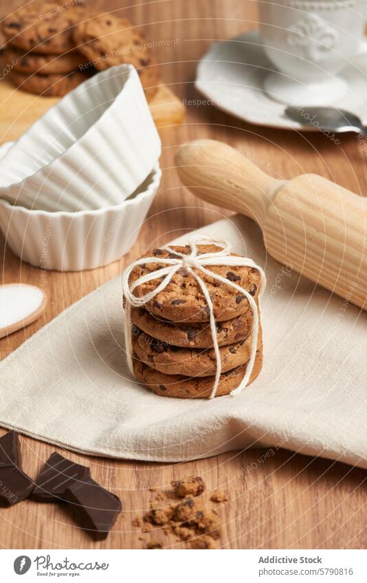 Stack of chocolate chip cookies bound with twine, placed next to baking tools on a wooden table, evoking a warm, homemade feel stack rolling pin dessert snack