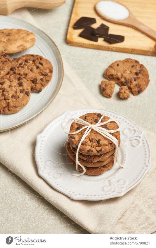 A charming presentation of chocolate chip cookies, tied with twine on a decorative white plate, with more cookies and ingredients nearby stack snack dessert