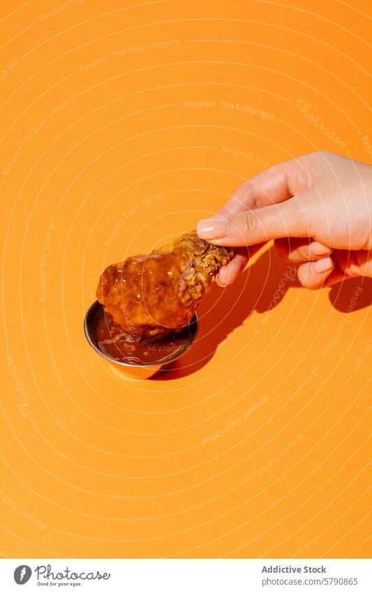 Crispy Chicken Wing Dipped in Sweet Sauce chicken wing crispy sweet sauce dipping hand orange background food golden shiny snack appetizer poultry fried