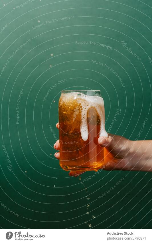 Refreshing light beer overflowing from a glass foam hand green background pour mug beverage cold refreshment alcohol ale brew bubbles drink froth hold splash