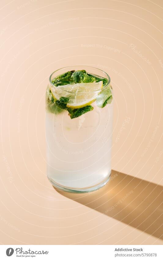 Refreshing Mojito Cocktail with Lemon and Mint mojito cocktail lemon mint soda water glass refreshing beverage drink alcohol mixology bubbly ice shadow