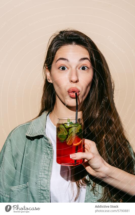Young woman enjoying a fresh berry-orange lemonade drinking mint garnish vibrant portrait summer beverage refreshing enjoyment sipping straw smile casual