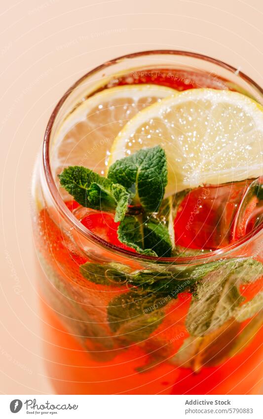 Refreshing berry-orange lemonade with mint and ice glass beverage drink refreshment lemon slice cold summer thirst-quenching vibrant garnish sweet tangy fruity