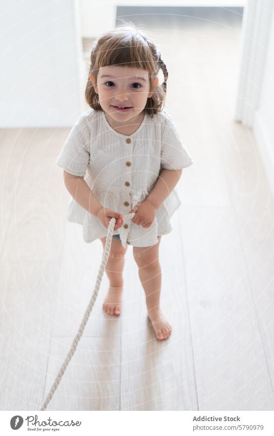 Smiling Toddler Girl Playing with Rope Indoors toddler girl playing rope indoor smile cheerful dress beige bright room minimalist cute child innocence playtime
