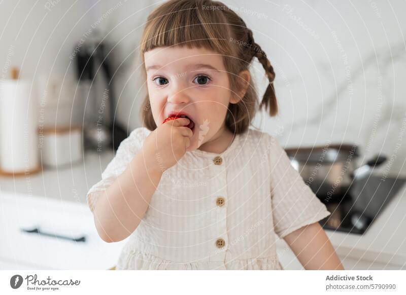 Young child enjoying a fresh strawberry at home girl eating kitchen fruit snack cute toddler healthy domestic lifestyle food nutrition innocence enjoyment young