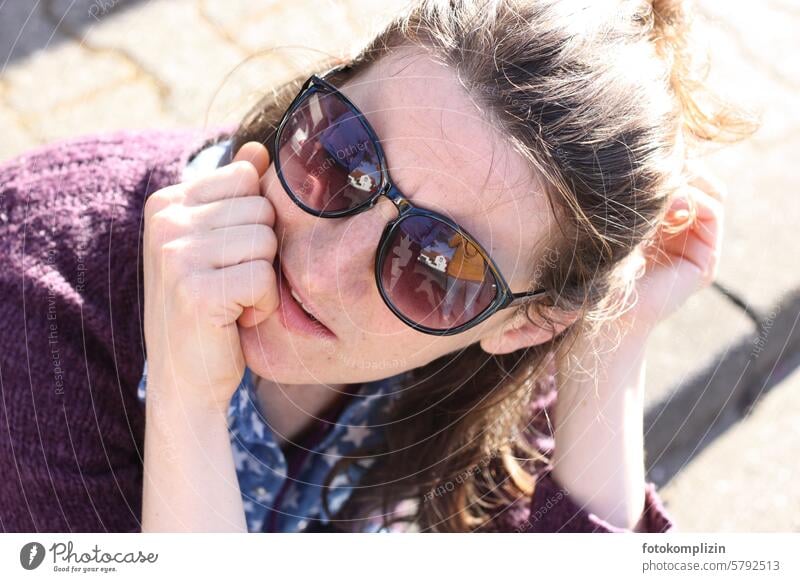 Woman with sunglasses Sunglasses Face Looking portrait Young woman Adults Identity Meditative monitoring Face of a woman