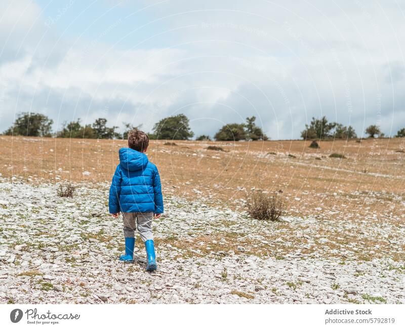 Young boy exploring a snowy field in winter child jacket boots nature outdoors exploration leisure family cold landscape rural countryside day young adventure