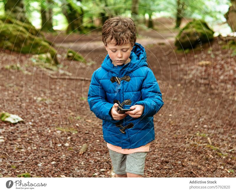 Boy exploring nature during family leisure time boy child outdoor exploration jacket twig tree forest activity youth curiosity childhood learning environment