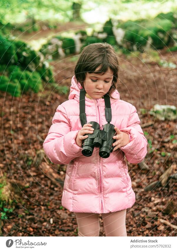 Young girl with binoculars exploring nature exploration child adventure leisure family walk thoughtful pink jacket outdoor forest environment kid grandchild