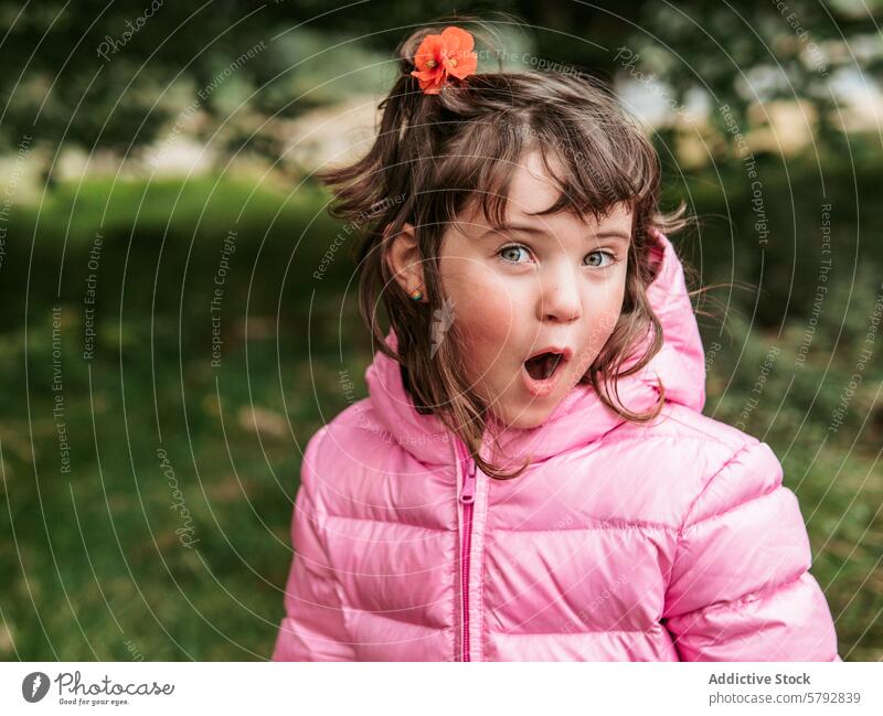 Surprised young girl enjoying outdoor family time surprised expression leisure child shock cute pink jacket nature park emotion astonished amazed making faces