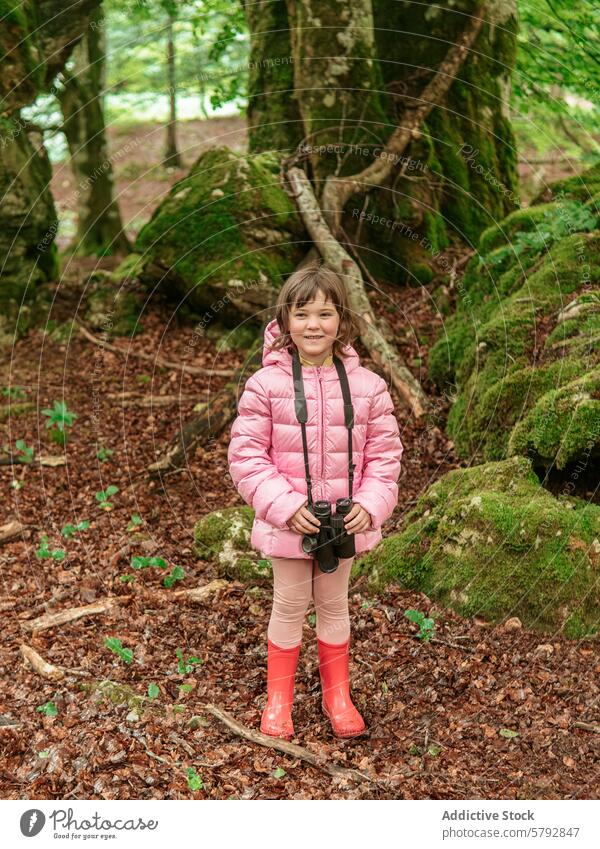 Granddaughter with binoculars enjoying nature walk girl forest leisure grandchild outdoor pink jacket red boots moss tree trunk leaf ground exploration