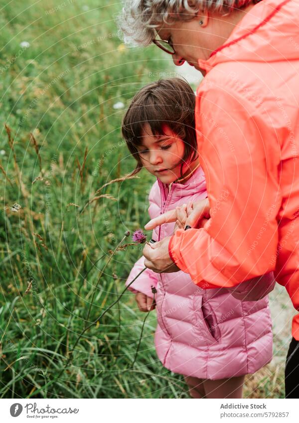 Grandparent and Grandchild Exploring Nature Together grandmother granddaughter nature bonding learning exploration family leisure outdoors pink jacket