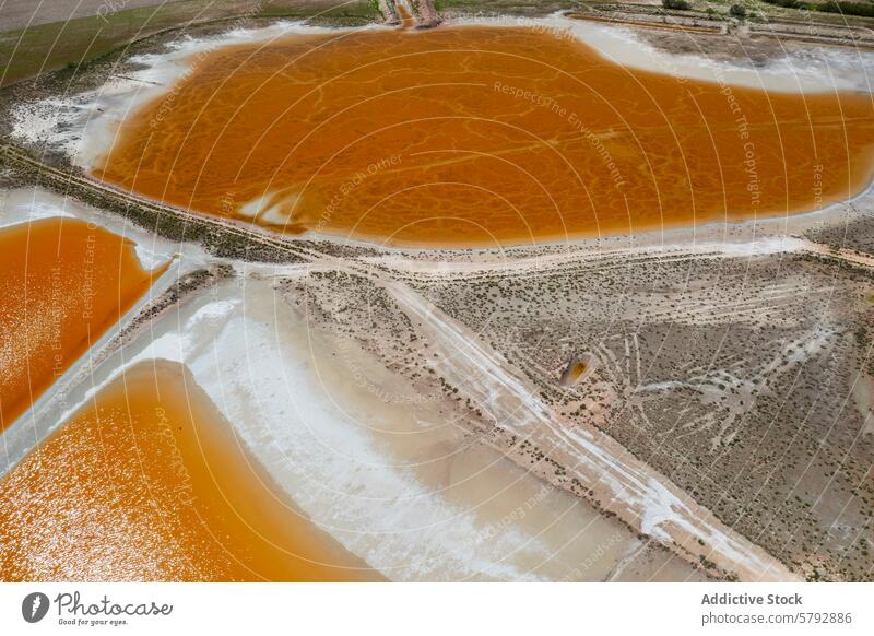Aerial view of vibrant salt lagoons in Toledo, Spain aerial toledo spain colorful orange white hue sunlight natural pattern landscape saline water mineral