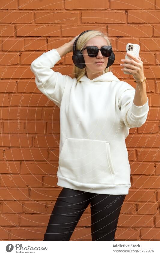 Stylish woman with smartphone and headphones on city street blonde music casual attire brick wall urban style fashion sunglasses selfie social media
