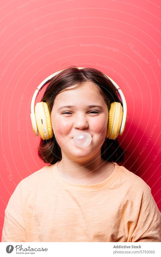 Girl enjoying music and blowing bubble gum girl headphones red background studio portrait enjoyment leisure childhood fun playful vibrant pink youth casual