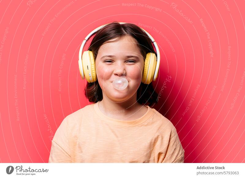 Girl with Headphones Blowing Bubble Gum in Studio girl headphones bubble gum red background studio portrait child music leisure fun enjoyment playful youth