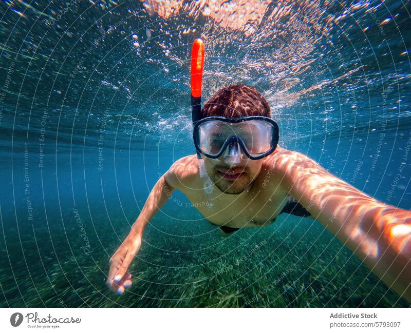 Snorkeling adventure in the clear waters of Sardinia, Italy man snorkeling sardinia italy summer sea underwater blue mediterranean swim mask sunlight aquatic