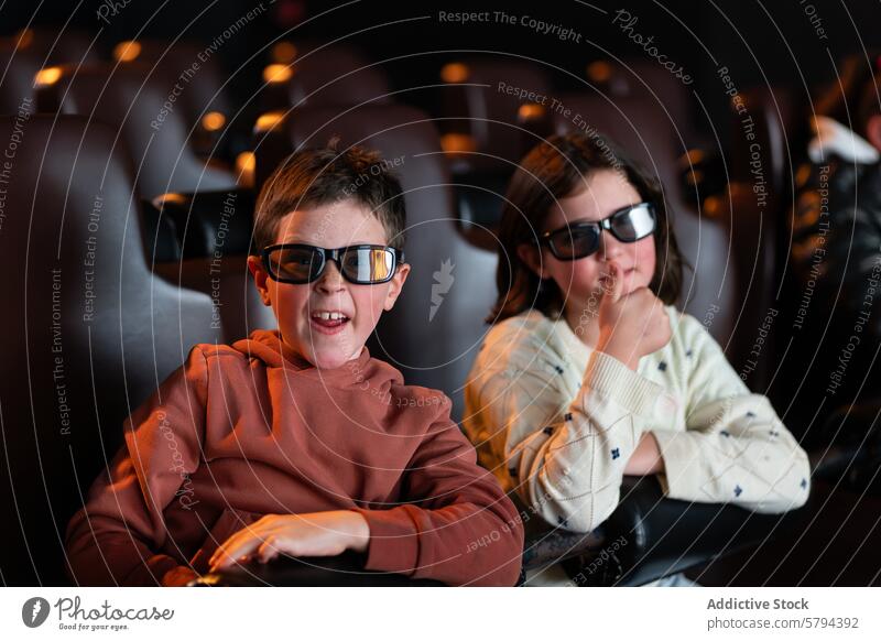 Summer movie time: Kids enjoying a 3D film in cinema summer 3d glasses kids boy girl watching enjoyment leisure activity indoor screen audience theater seat