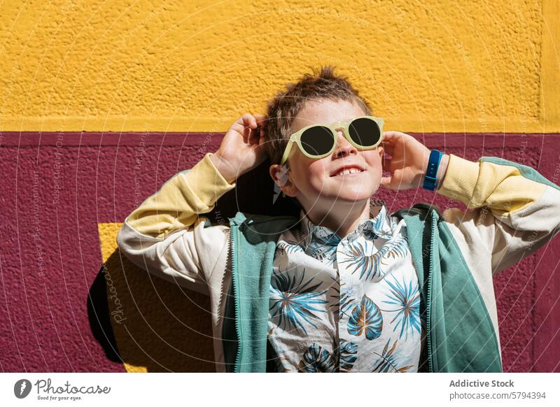 Cheerful boy enjoying summer sunshine against colorful wall sunglasses joyful yellow purple vibrant expression leaning casual style happy childhood trendy