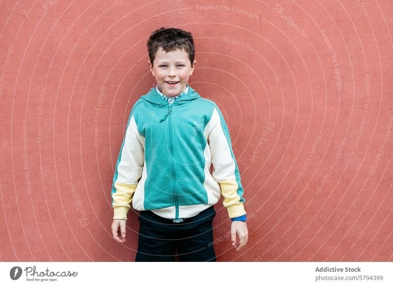 Smiling boy in colorful jacket against red wall child summer smiling happy confidence casual clothing youth fun cheerful outdoor kid fashion bright daylight