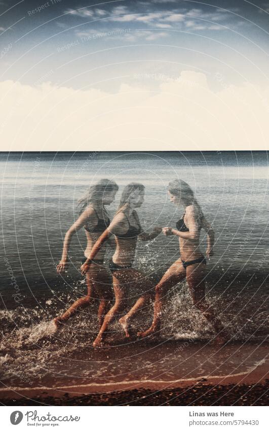A triple exposure of a girl running on this remote beach. A calm sea, a pretty woman, and some sports. Just a regular fine summer day. Triple exposure seaside