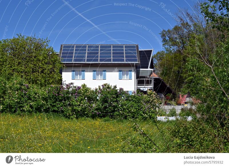 Solar or photovoltaic panels installed on the roof of a white family house observed during sunny day in a Swiss village. There are trees and bushes around the house.