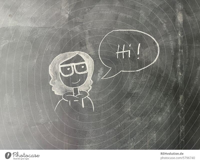 Painted figure with speech bubble on a blackboard wall Art Blackboard Creativity Chalk Humanity Friendliness Human being Drawing School Welcome Speech bubble