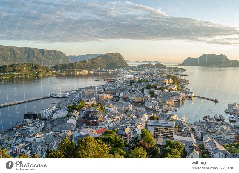 Aerial view at sunset of the city of Alesund, Norway More og Romsdal More og Romsdal County Scandinavia Scandinavian aerial aerial view architecture attraction