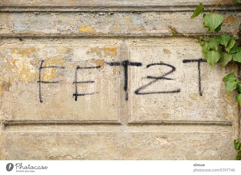 black lettering FETZT on a dilapidated building with leaves shreds Scrap quarrel argue fight Daub house wall squabble tear off shred away be a humdinger