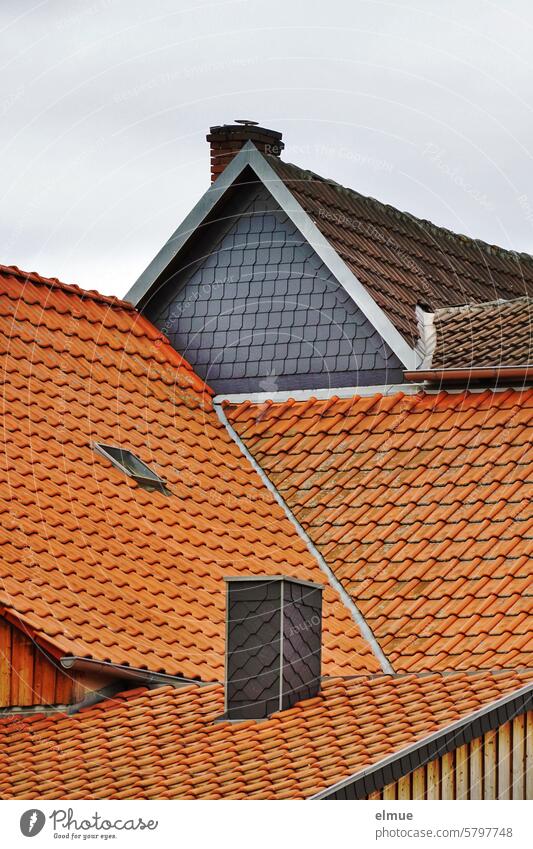 Interlocking tiled roofs with skylights and chimneys, house gables with slate Roof Tiled roof Roofing tile pediment Skylight Chimney nested
