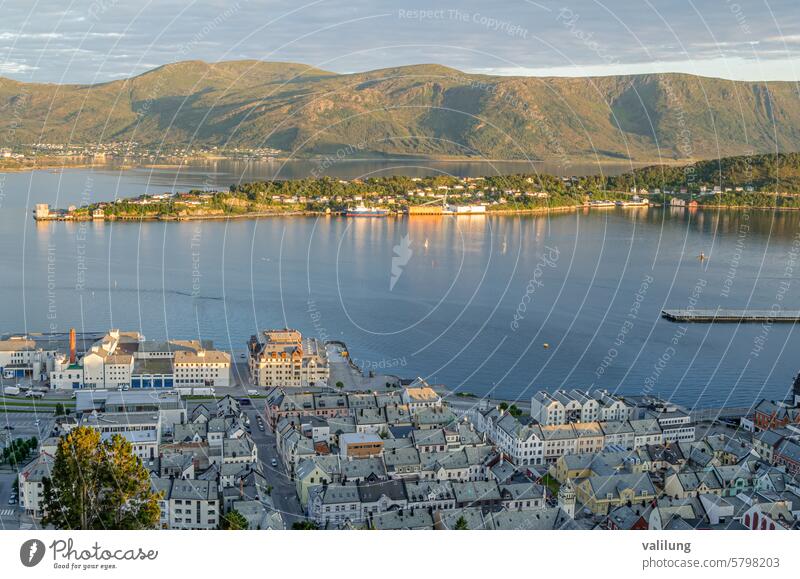 Aerial view at sunset of the city of Alesund, Norway More og Romsdal More og Romsdal County Scandinavia Scandinavian aerial aerial view architecture attraction