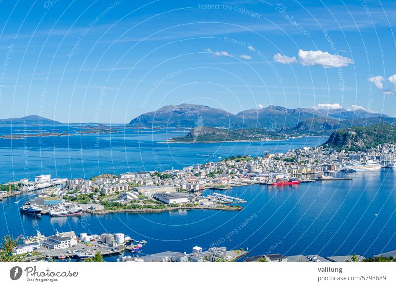 Aerial view of the town of Alesund, Norway More og Romsdal More og Romsdal County Scandinavia Scandinavian aerial aerial view architecture attraction background