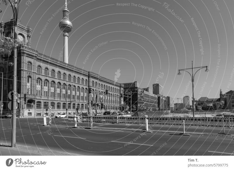at the Red Town Hall Berlin City hall Rotes Rathaus b/w Middle Television tower Construction site Spring Capital city Berlin TV Tower Downtown Landmark